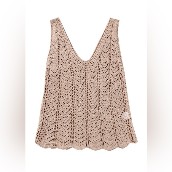Pale Khaki Scalloped Hem V Neck Crochet Knit Tank Top Bohemian Blouse - Picture 15 of 15